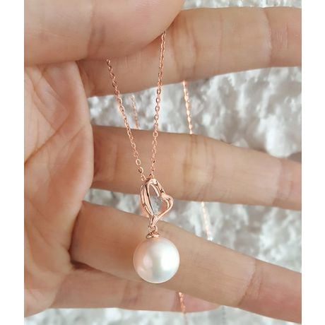 Pendentif cœur de Cupidon or rose - Perle d'eau douce blanche