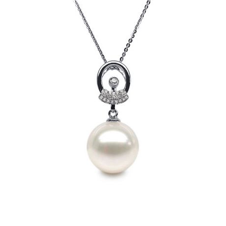 Pendentif hublot - Or blanc et perle de culture - Diamants