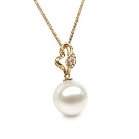 Pendentif petite pousse de printemps - Perle, or jaune et diamants