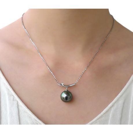 Pendentif or blanc fleur diamant - Perle de Tahiti verte