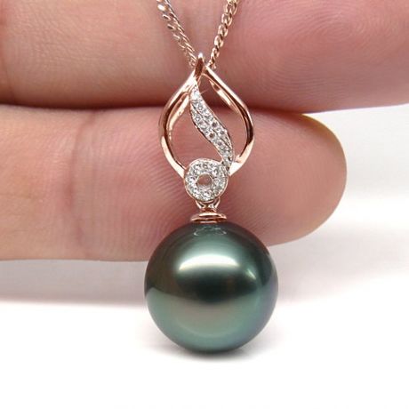 Pendentif feuille or rose diamanté - Perle de Tahiti noire, bleue verte