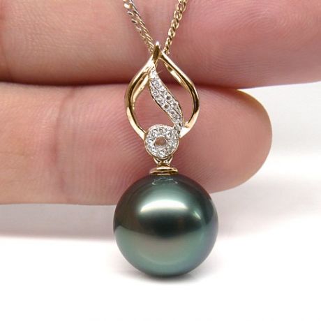 Pendentif feuille or jaune diamanté - Perle de Tahiti noire, bleue verte
