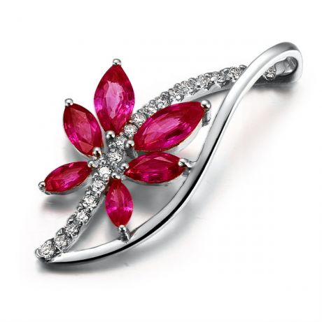 Fleur grimpante  - Pendentif rubis fleur grimpante - Or blanc 18cts - Tige diamantée