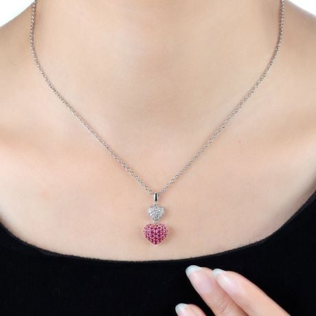 Pendentif double coeur rubis et diamants sertis grains - Or blanc