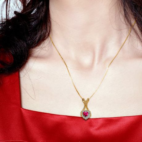 Pendentif coeur or jaune - Rubis et diamants en pendeloque