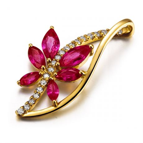Fleur grimpante  - Pendentif rubis fleur grimpante - Or jaune 18cts - Tige diamantée