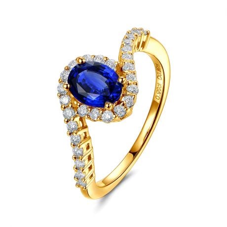 Bague saphir or jaune pavage diamant sinueux