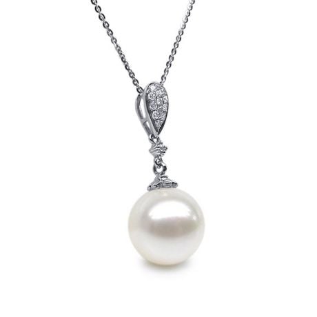 Pendentif goutte de diamants - Perle de culture blanche - Or blanc