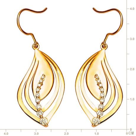 Boucle oreille crochets formant 2 feuilles en or jaune - Diamants