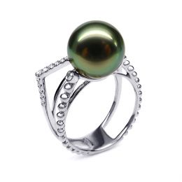 Bague perle de Tahiti, Or blanc, diamants - Saperlipopette