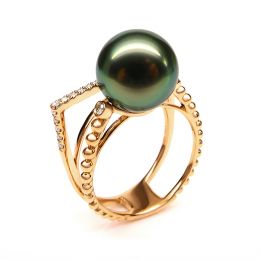 Bague perle de Tahiti, Or jaune, diamants - Saperlipopette