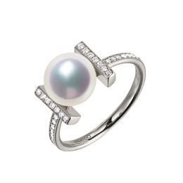 Bague monture rail. Or blanc, Diamants sertis et Perle Akoya