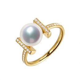 Bague monture rail. Or jaune, Diamants sertis et Perle Akoya