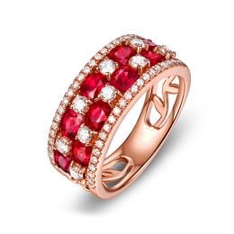 Bague damier Or rose. Rubis et diamants alternés