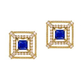 Boucle d Oreille carré de lumière - Or jaune, saphir, diamant