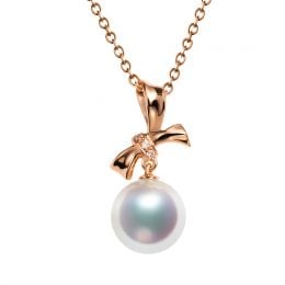Pendentif Noeud avec ganse. Perle Akoya, Or rose, Diamants