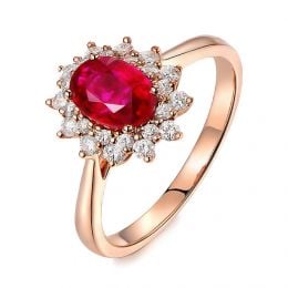 Bague rubis, diamants monture or rose - Création florale classique