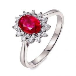 Bague rubis Or blanc. Double pavage diamants. Inspiration florale
