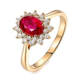 Bague rubis Or jaune. Double pavage diamants. Inspiration florale