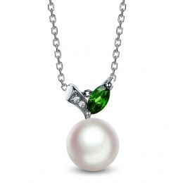 Pendentif perle Akoya. Or blanc, diamants et Péridot