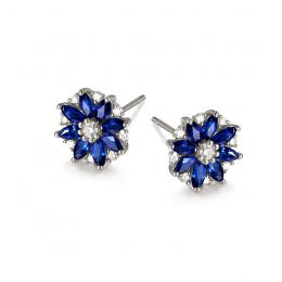 Boucle oreille Blue Mist, fleur de brume bleue - Saphir, diamant, Or blanc