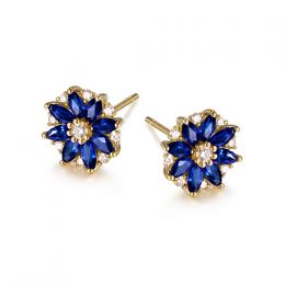 Boucle oreille Blue Mist, fleur de brume bleue - Saphir, diamant, Or jaune