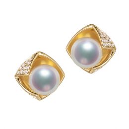Boucles Oreilles Fukiyose Or jaune Perles Akoya Diamants
