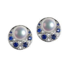 Boucles Oreilles Mikadzuki I Perle Akoya Saphir. Croissant de Lune
