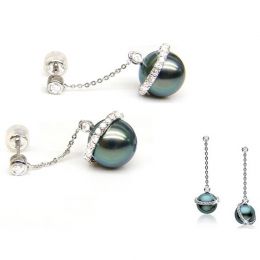 Boucles oreilles cercles diamantés - Perles de Tahiti noires