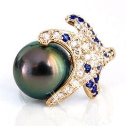 Bague étoile de mer - Perle de Tahiti - Or jaune, diamants, saphirs