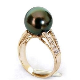 Bague perle de Tahiti - Or jaune - Pavage diamants micro ser