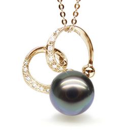 Pendentif double boucle or jaune - Perle de Tahiti - Or jaune, diamants