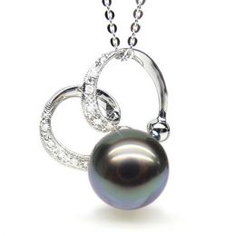 Pendentif double boucle or blanc - Perle de Tahiti - Or blanc, diamants