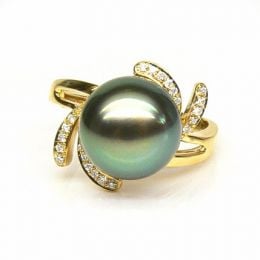 Bague fleur or jaune - Perle de Tahiti - Diamants enchassés 