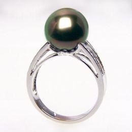 Bague perle de Tahiti - Or blanc - Pavage diamants micro ser