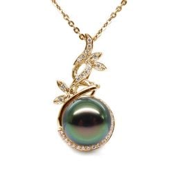 Pendentif Nature. Branche, feuillage. Perle de Tahiti, Or jaune