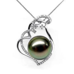 Pendentif coeur nébuleux, romantique - Perle Tahiti - Or blanc, diamants