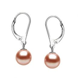 Dormeuse boucle d'oreille - Or blanc et perles eau douce roses 8/9mm