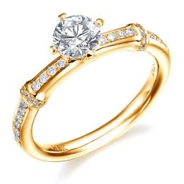 Bague solitaire bambou - Anneau végéral or jaune avec diamants 0.50ct