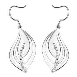 Crochet oreille or blanc - Boucles feuilles nervures serties diamants