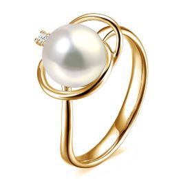 Bague perle d'eau douce blanche - 9.5/10mm, AAA - Or jaune, diamant