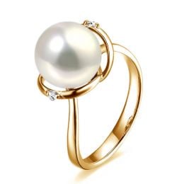 Bague or jaune style circulaire - Perle de culture - 2 diamants sertis