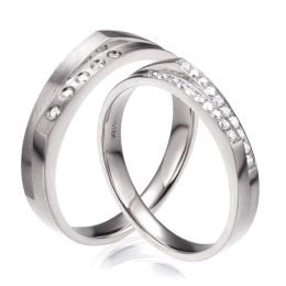 Alliances Homme et Femme en Or Blanc 18cts et Diamants