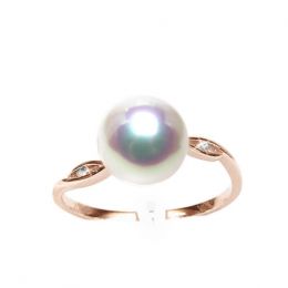 Bague or rose - Perle Akoya blanche Japon - Diamants sertis