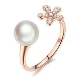 Bague fleur et perle Akoya blanche Japon. Diamants or rose