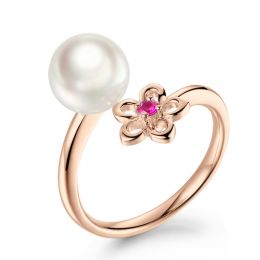 Bague fleur. Or rose, perle Akoya et saphir rose