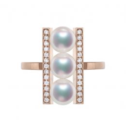 Bague 3 perles Akoya. Monture rail. Or rose, Diamants