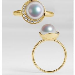 Bague Hinata Couronnée d'Or Jaune et montée d'une belle Perle Akoya