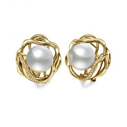 Boucles oreilles fleurs lotus - Perles Australie - Or jaune,