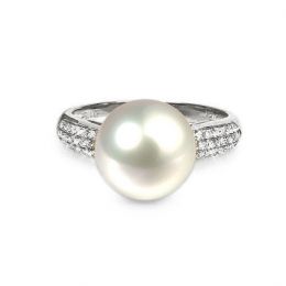 Bague de Perle de Culture Eau Douce blanche, Or blanc Diamants